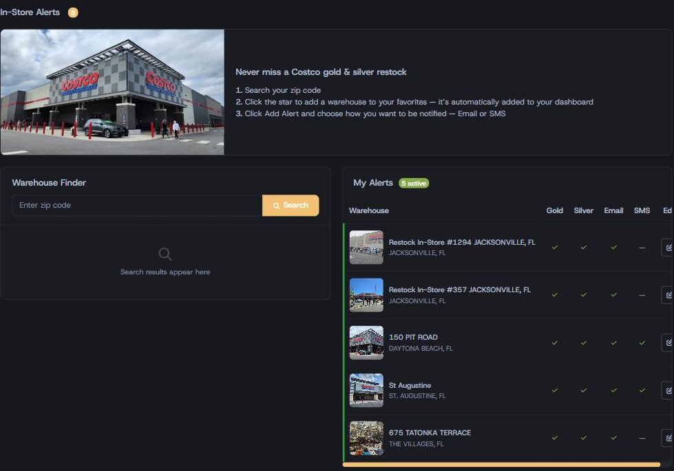 In-store alerts page — three-step warehouse finder with Add Alert buttons