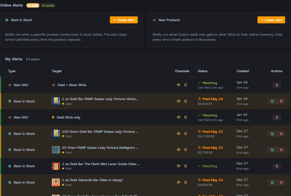 Online alerts page — Back in Stock and New Products alert creators
