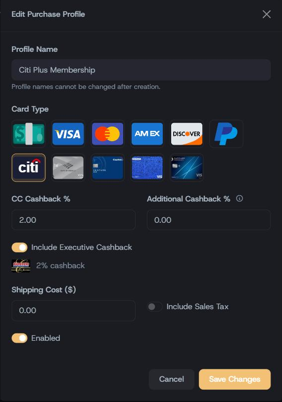 Purchase Profile form — credit card cashback, Executive membership rebate, sales tax, and shipping inputs