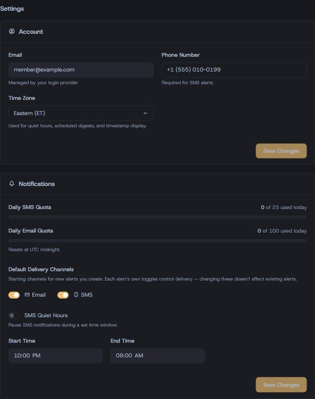 Settings page — phone number, default delivery channels, and quiet hours