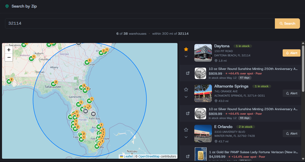 Search by Zip card — Costco warehouses near a zip code with star buttons to favorite them