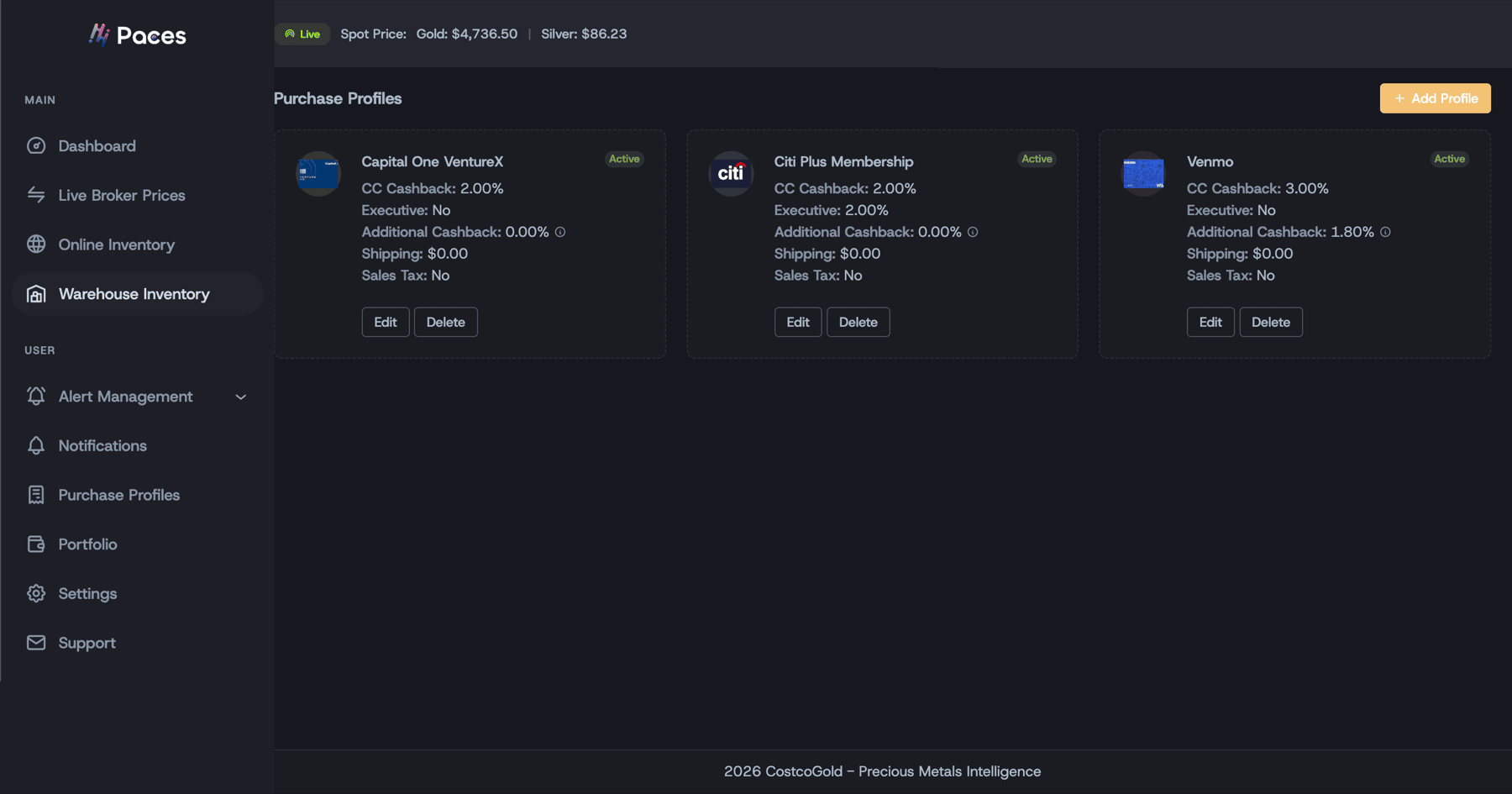 Three purchase profile cards: Capital One VentureX, Citi Plus Membership, and Venmo